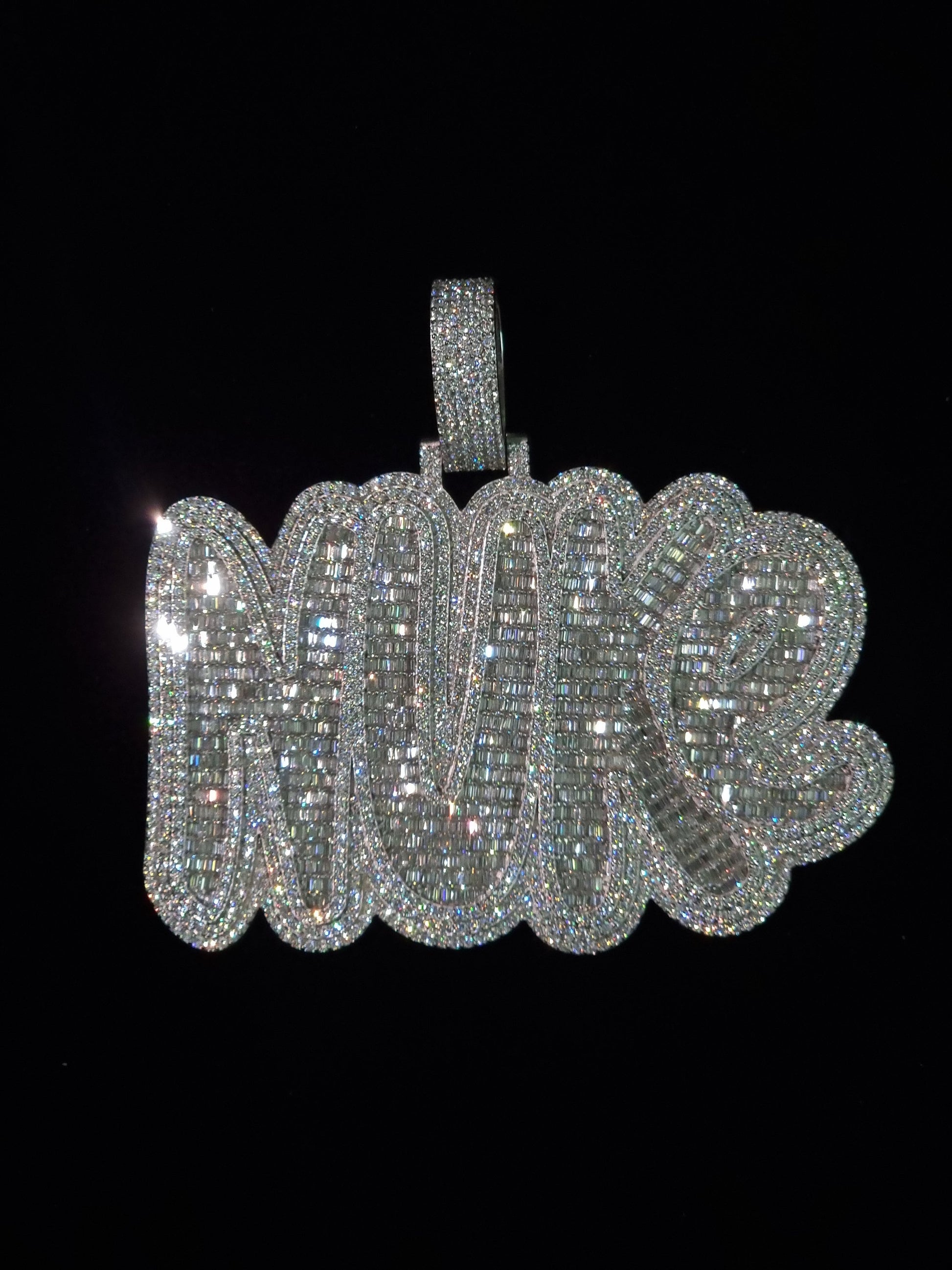 Baguette and Round cut VVS Moissanite Layered Name Pendant, Bubbled fonts, Custom Name, Solid 925 Silver, Rhodium Plated, Pass Diamond test