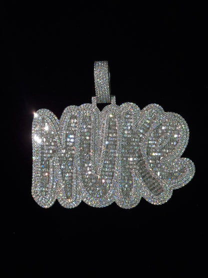 Baguette and Round cut VVS Moissanite Layered Name Pendant, Bubbled fonts, Custom Name, Solid 925 Silver, Rhodium Plated, Pass Diamond test
