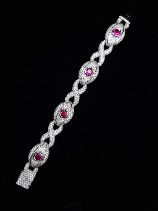 VVS1 Moissanite Evil eye Bracelet, Lab made Ruby Stone, Made in pure 925 Sterling Silver, Pass Diamond Tester, For Men / Women