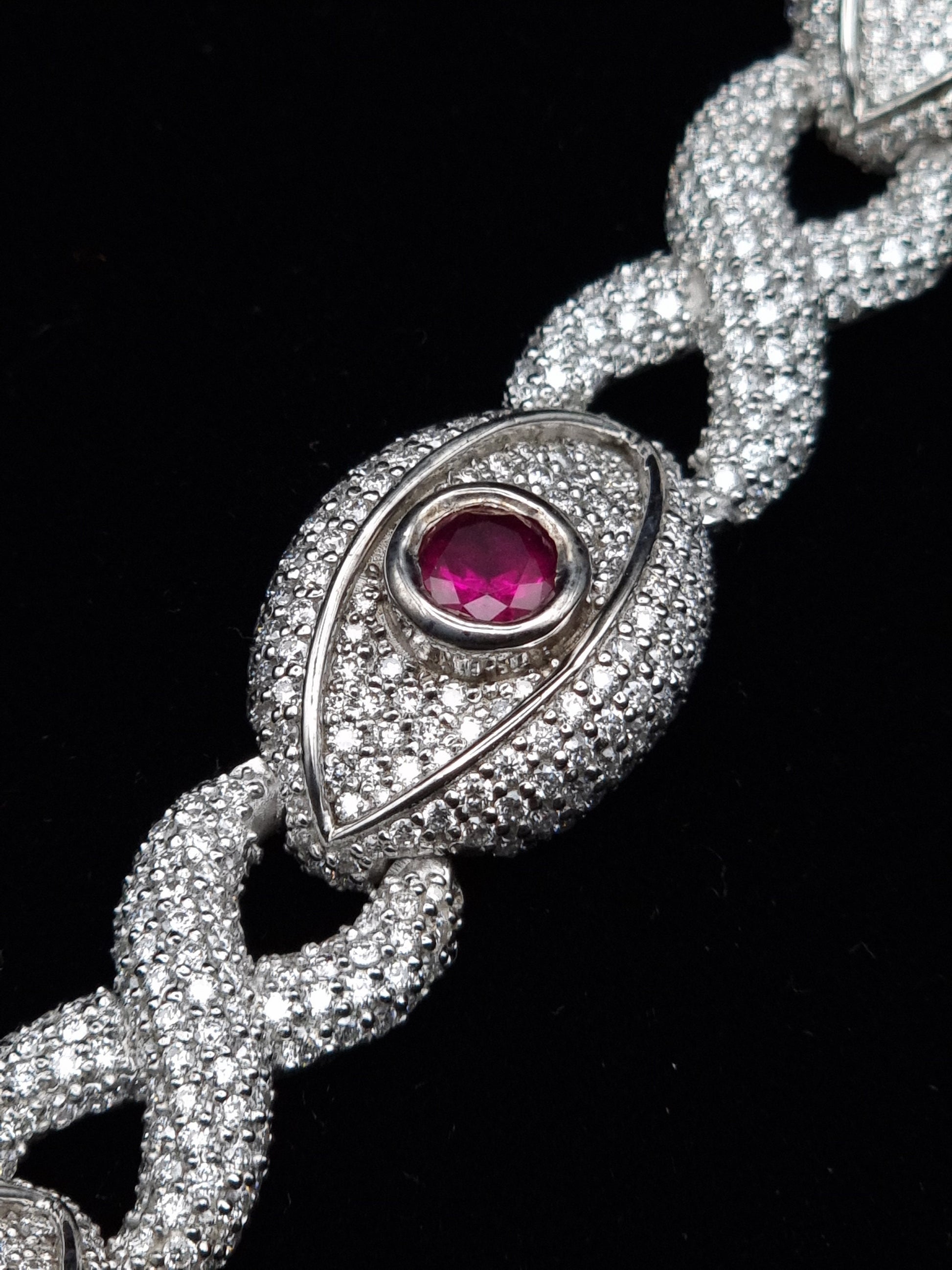 VVS1 Moissanite Evil eye Bracelet, Lab made Ruby Stone, Made in pure 925 Sterling Silver, Pass Diamond Tester, For Men / Women