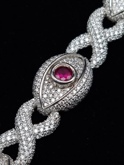 VVS1 Moissanite Evil eye Bracelet, Lab made Ruby Stone, Made in pure 925 Sterling Silver, Pass Diamond Tester, For Men / Women