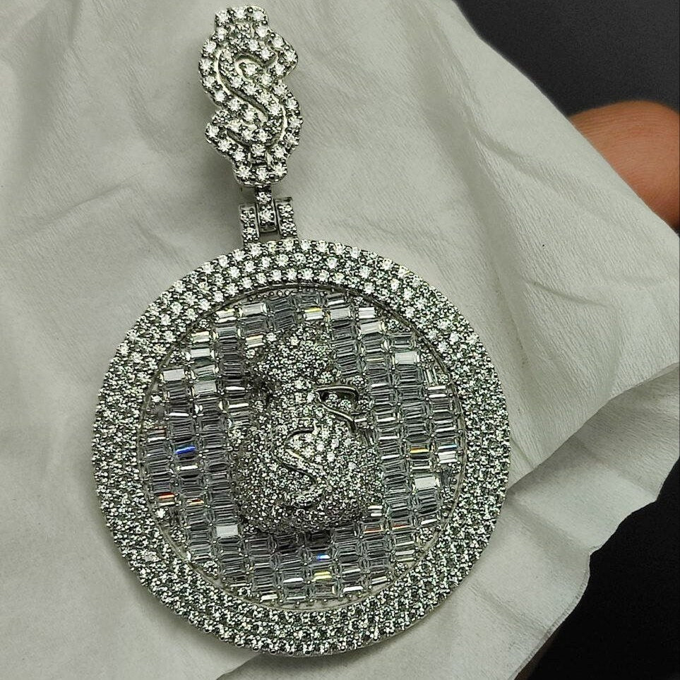 10K Solid White Gold and Diamond 5.00 CT Money bag Medallion Pendant without Chain