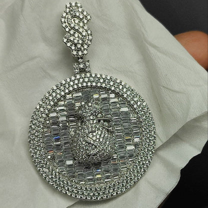 10K Solid White Gold and Diamond 5.00 CT Money bag Medallion Pendant without Chain