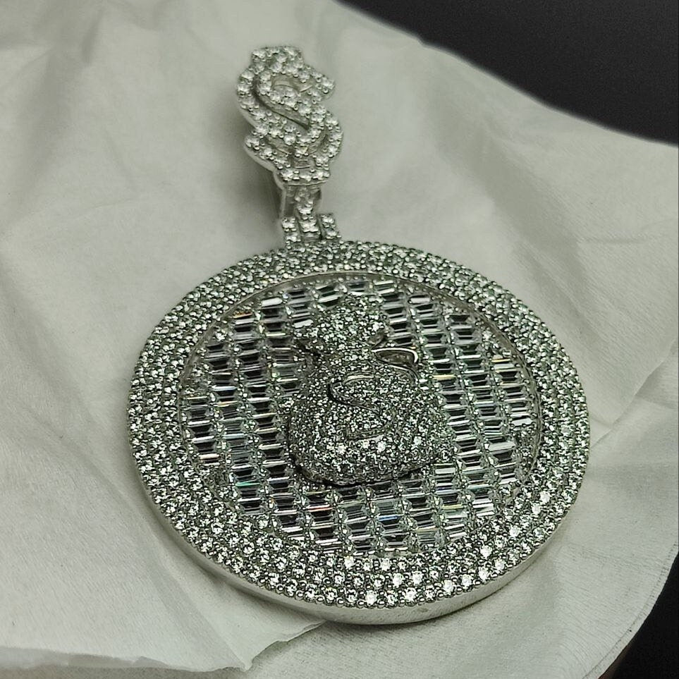 10K Solid White Gold and Diamond 5.00 CT Money bag Medallion Pendant without Chain