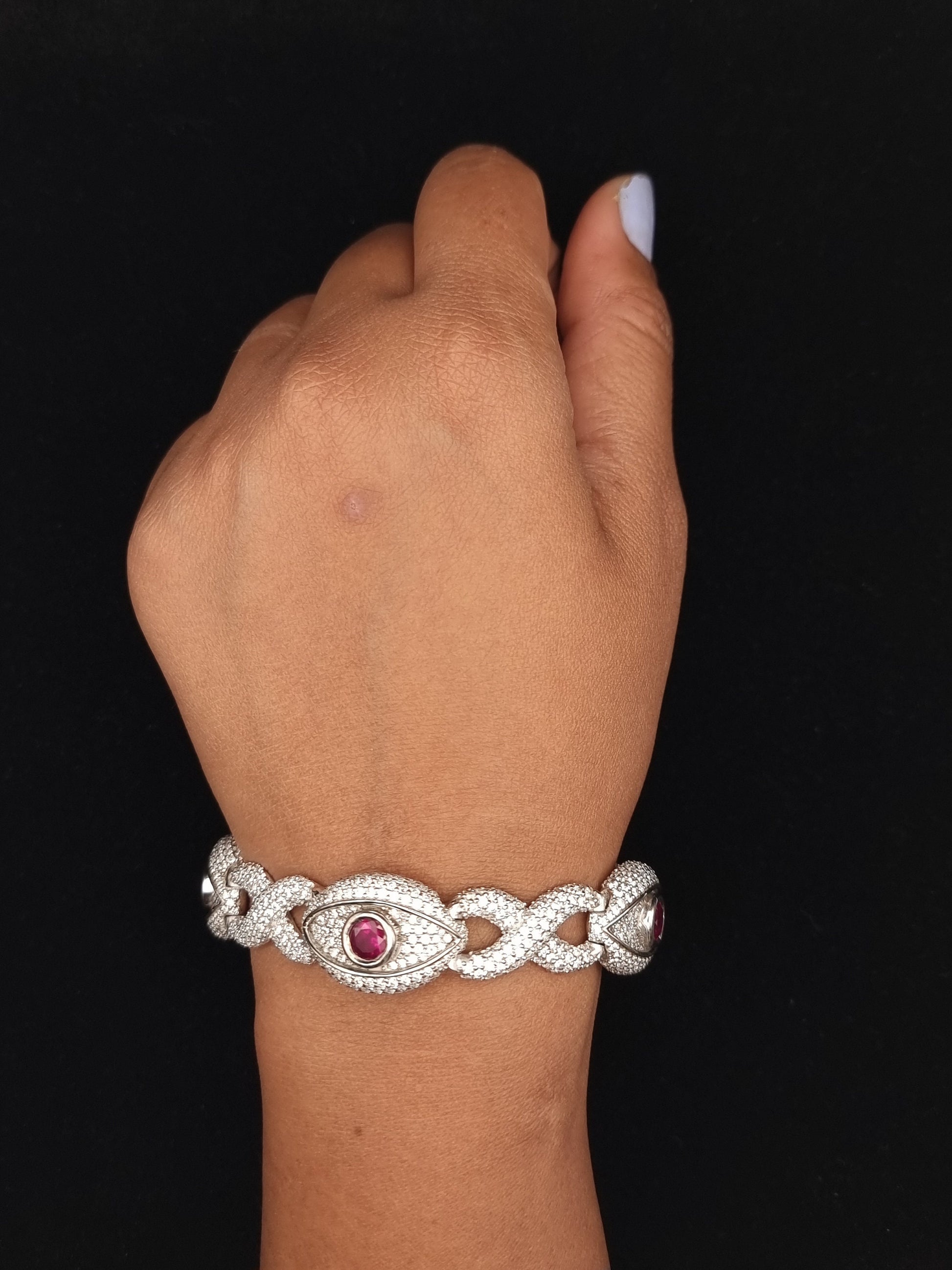 VVS1 Moissanite Evil eye Bracelet, Lab made Ruby Stone, Made in pure 925 Sterling Silver, Pass Diamond Tester, For Men / Women