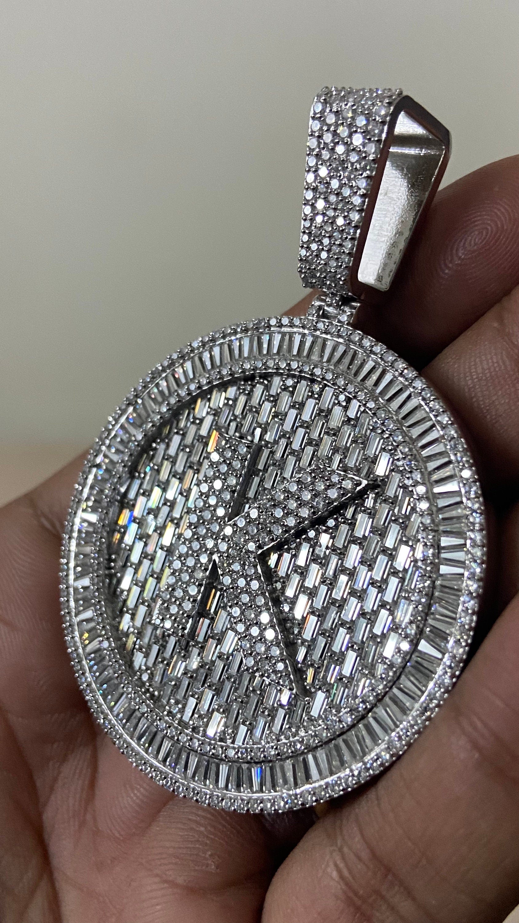 Custom letter Iced Out Hip Hop Pendant, Moissanite Baguette pendant, 925 Silver/10K Gold, Pass diamond test, Solid Back, Super Icy Charm