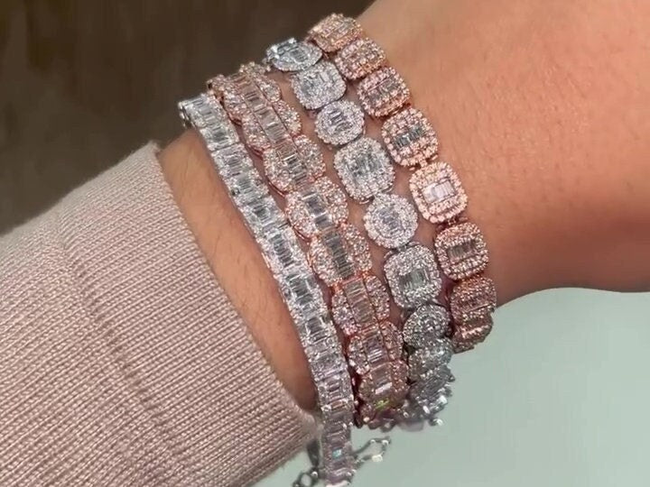 VVS Moissanite Diamond Fancy Bracelet, VVS1 Quality Baguette Moissanite Diamond, Pass Diamond Tester, Heavy Quality 925 Sterling Silver