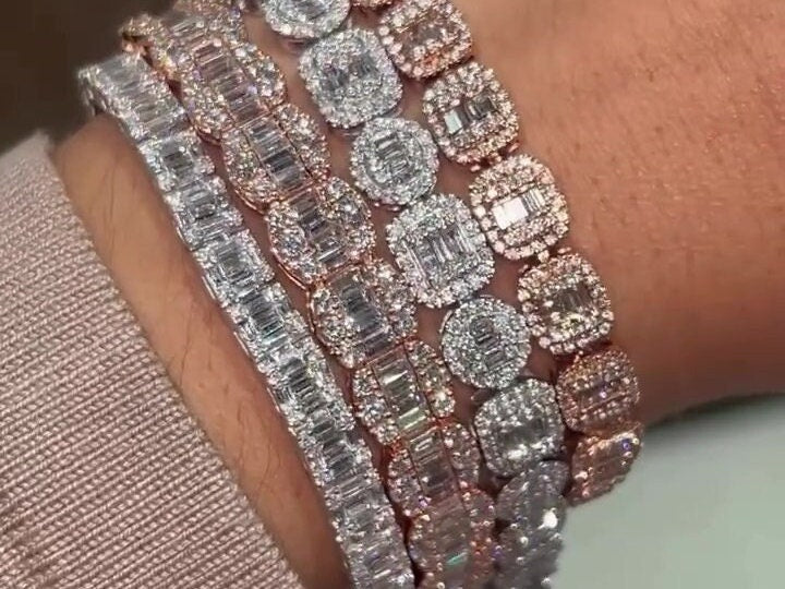 VVS Moissanite Diamond Fancy Bracelet, VVS1 Quality Baguette Moissanite Diamond, Pass Diamond Tester, Heavy Quality 925 Sterling Silver