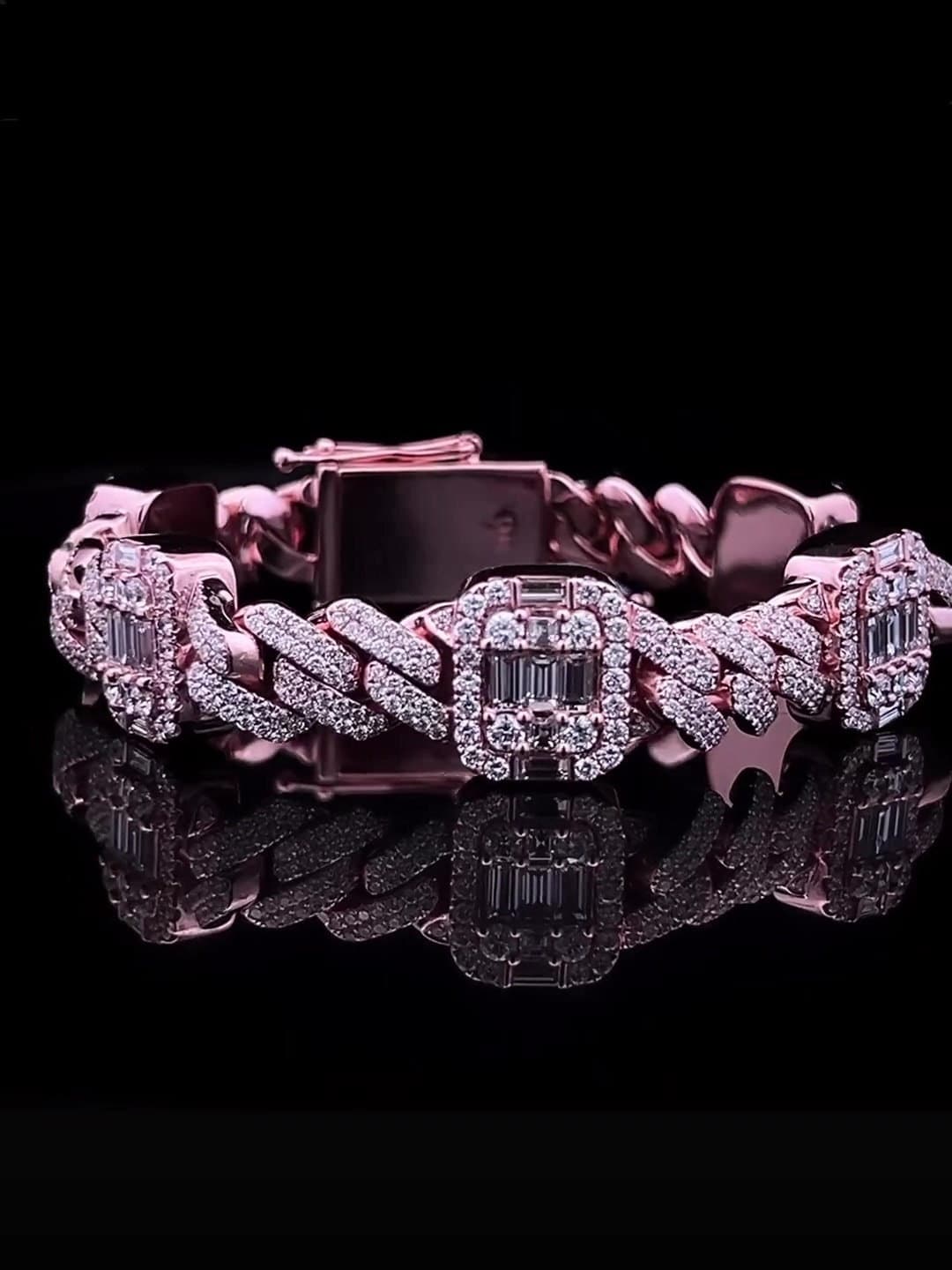 VVS1 Diamond Cuban Link Bracelet, VVS1 Quality Baguette Moissanite Diamond, Pass Diamond Tester, Heavy Quality 925 Sterling Silver/Solid 10k