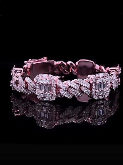 VVS1 Diamond Cuban Link Bracelet, VVS1 Quality Baguette Moissanite Diamond, Pass Diamond Tester, Heavy Quality 925 Sterling Silver/Solid 10k