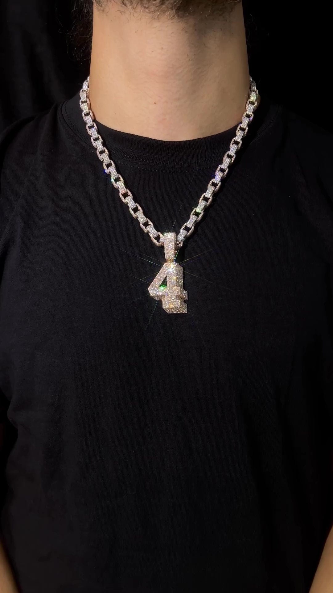 925 Silver Iced Out Chain Set with Mosaic Number Pendant, 10mm Iced Out Rolo Chain, Luxury Custom Hip Hop Necklace with VVS Moissanite Bling