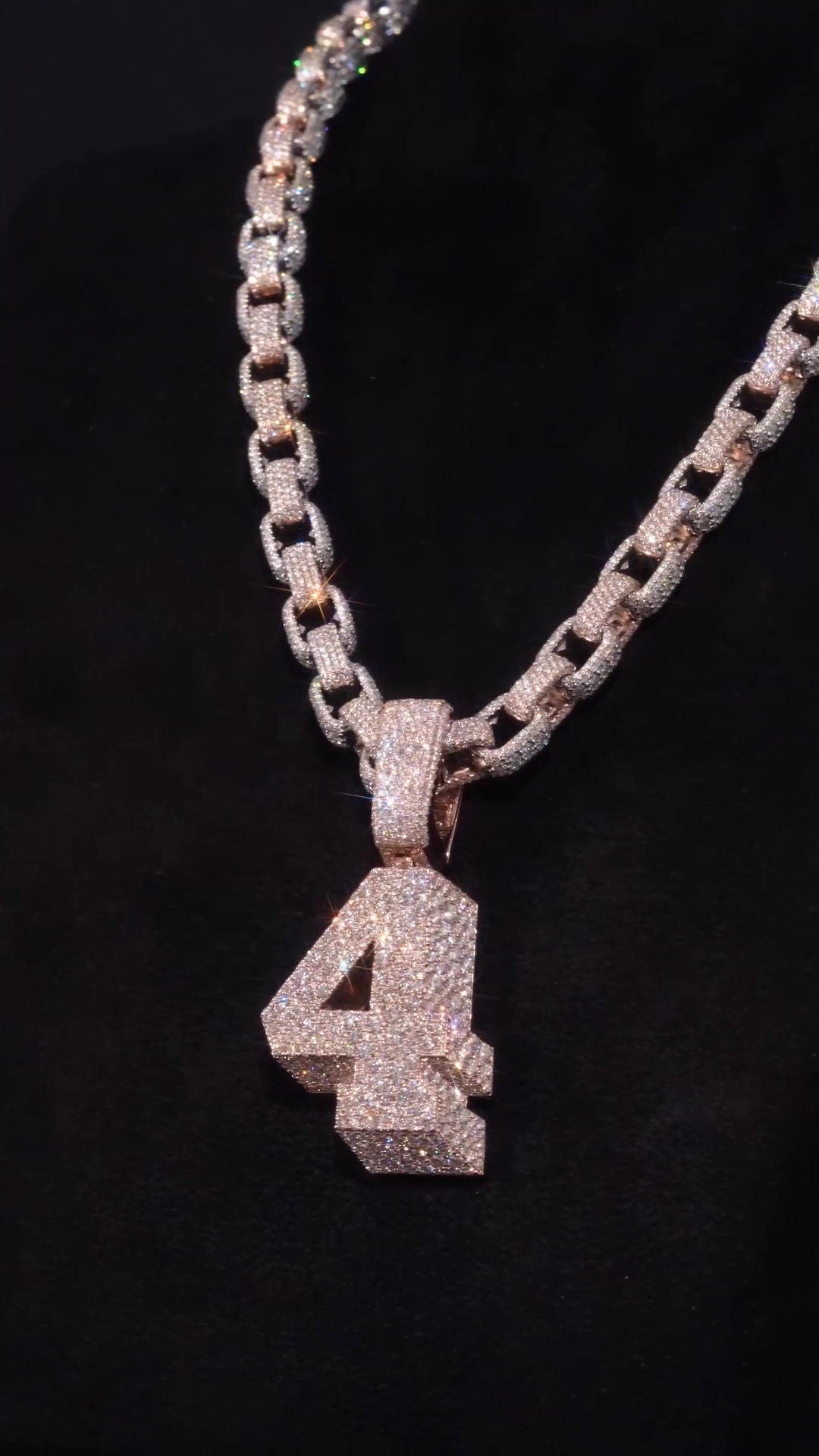 925 Silver Iced Out Chain Set with Mosaic Number Pendant, 10mm Iced Out Rolo Chain, Luxury Custom Hip Hop Necklace with VVS Moissanite Bling