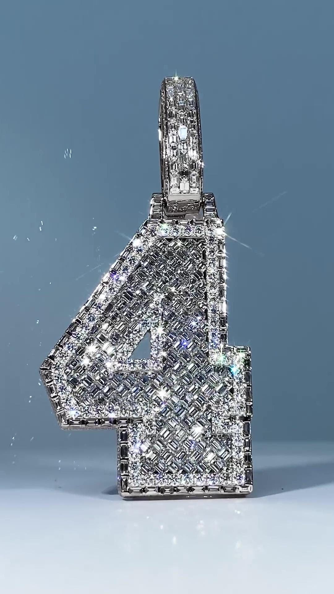 Emerald cut VVS1 Moissanite Layered Number "4" Pendant, Iced out Chunky Pendant, Custom Letter, 925 Sterling Silver / 10k, Hip Hop Pendant