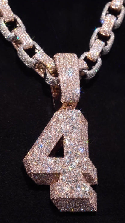 925 Silver Iced Out Chain Set with Mosaic Number Pendant, 10mm Iced Out Rolo Chain, Luxury Custom Hip Hop Necklace with VVS Moissanite Bling