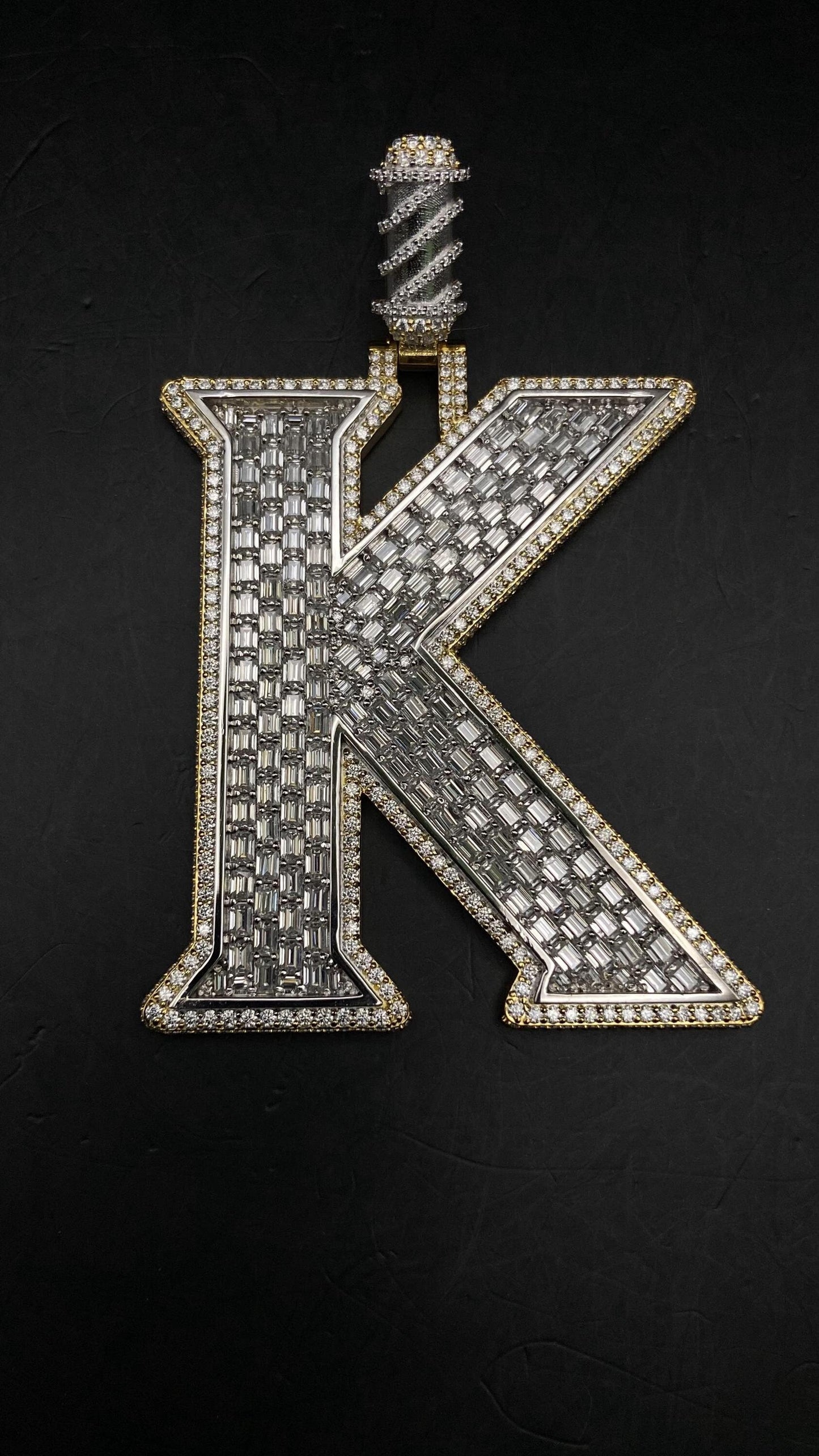 Emerald cut VVS1 Moissanite Layered Letter "K" Pendant, Iced out Chunky Pendant, Custom Letter, 925 Sterling Silver/10k, Hip Hop Pendant