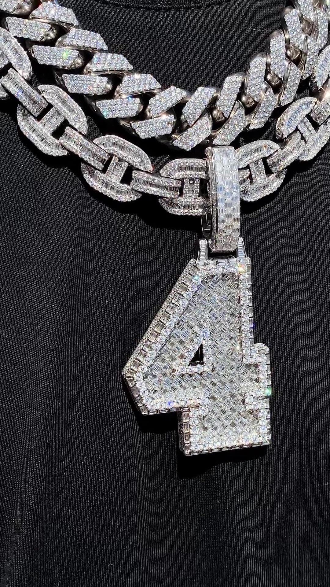 Emerald cut VVS1 Moissanite Layered Number "4" Pendant, Iced out Chunky Pendant, Custom Letter, 925 Sterling Silver / 10k, Hip Hop Pendant