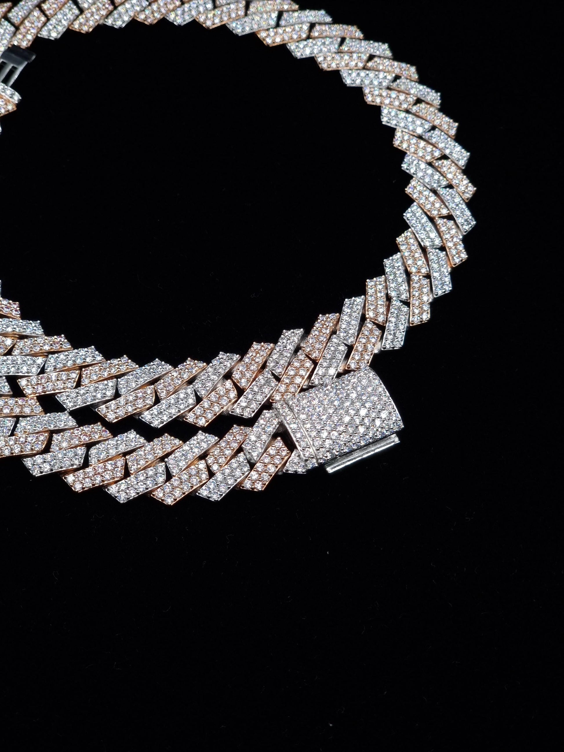 15mm Dual Tone Prong Cuban Link Chain, VVS Moissanite Stones, Pass Diamond Tester, Can be made in 925 Sterling Silver / Solid 10K Gold