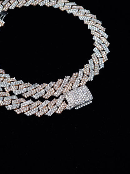 15mm Dual Tone Prong Cuban Link Chain, VVS Moissanite Stones, Pass Diamond Tester, Can be made in 925 Sterling Silver / Solid 10K Gold