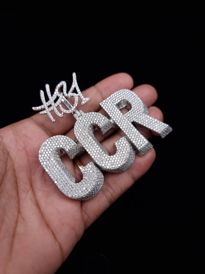 Real Moissanite Diamonds Men 3D Letter Pendant, Custom Letters or Numbers, Cuban Chain, Real Solid 925 Silver Rhodium Plated