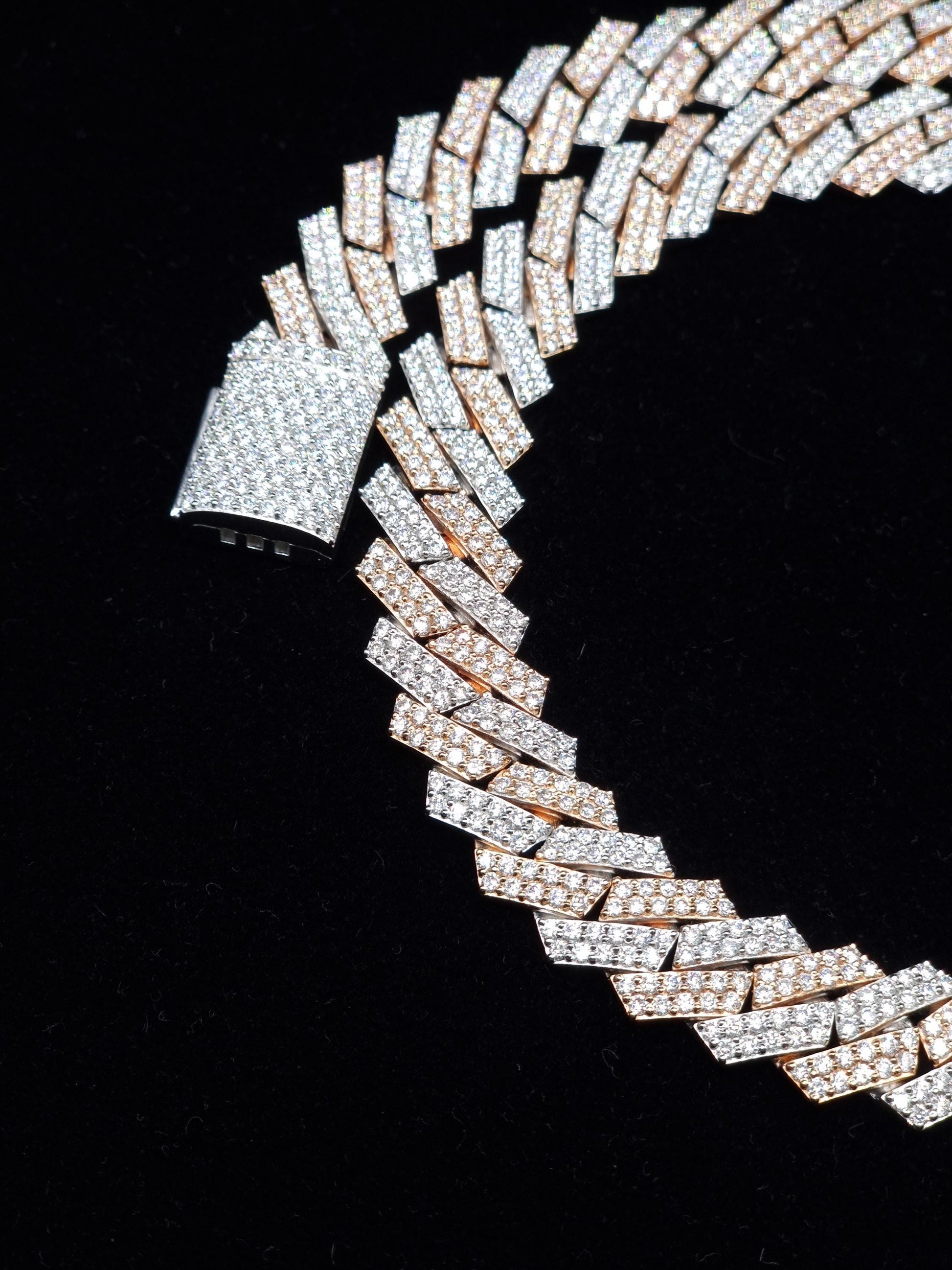 15mm Dual Tone Prong Cuban Link Chain, VVS Moissanite Stones, Pass Diamond Tester, Can be made in 925 Sterling Silver / Solid 10K Gold