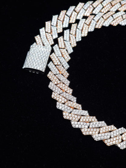 15mm Dual Tone Prong Cuban Link Chain, VVS Moissanite Stones, Pass Diamond Tester, Can be made in 925 Sterling Silver / Solid 10K Gold