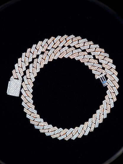 15mm Dual Tone Prong Cuban Link Chain, VVS Moissanite Stones, Pass Diamond Tester, Can be made in 925 Sterling Silver / Solid 10K Gold