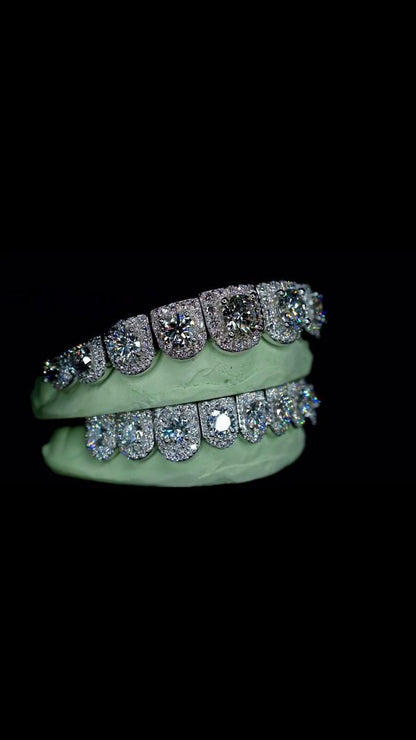 Solitaire Halo set VVS Moissanite Perm Cut Grillz 925 Sterling Silver, Pass Diamond Test