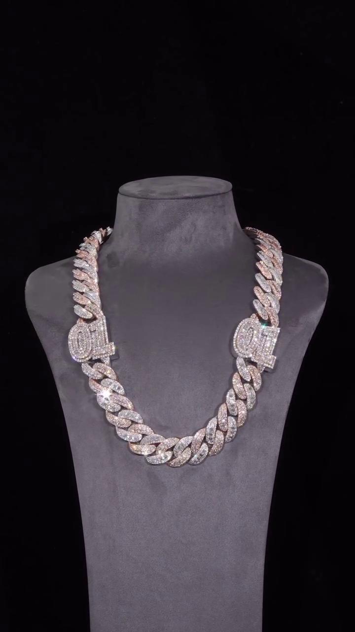 22mm Moissanite Cuban Chain, Rhodium Plated 925 Silver, Raised Round & Emerald Cut Moissanite, Diamond Tester Approved, Customizable Jewelry