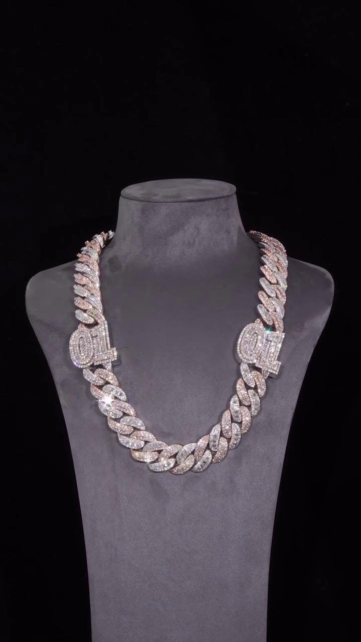 22mm Moissanite Cuban Chain, Rhodium Plated 925 Silver, Raised Round & Emerald Cut Moissanite, Diamond Tester Approved, Customizable Jewelry