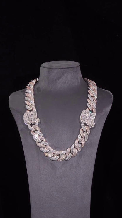 22mm Moissanite Cuban Chain, Rhodium Plated 925 Silver, Raised Round & Emerald Cut Moissanite, Diamond Tester Approved, Customizable Jewelry