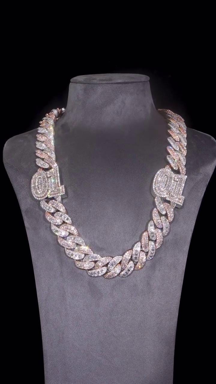 22mm Moissanite Cuban Chain, Rhodium Plated 925 Silver, Raised Round & Emerald Cut Moissanite, Diamond Tester Approved, Customizable Jewelry
