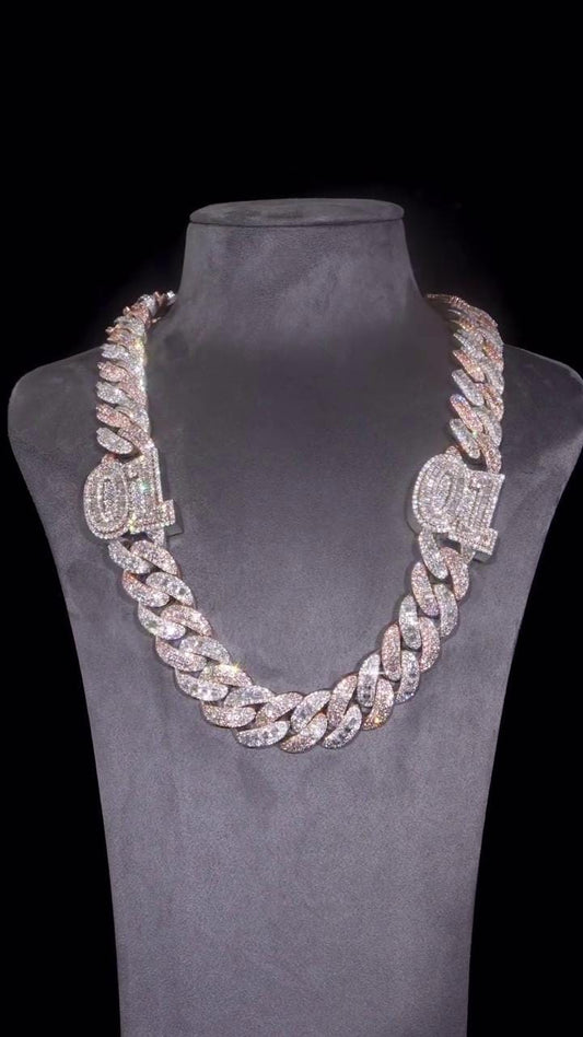 22mm Moissanite Cuban Chain, Rhodium Plated 925 Silver, Raised Round & Emerald Cut Moissanite, Diamond Tester Approved, Customizable Jewelry