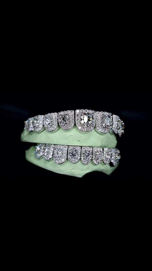 Solitaire Halo set VVS Moissanite Perm Cut Grillz 925 Sterling Silver, Pass Diamond Test