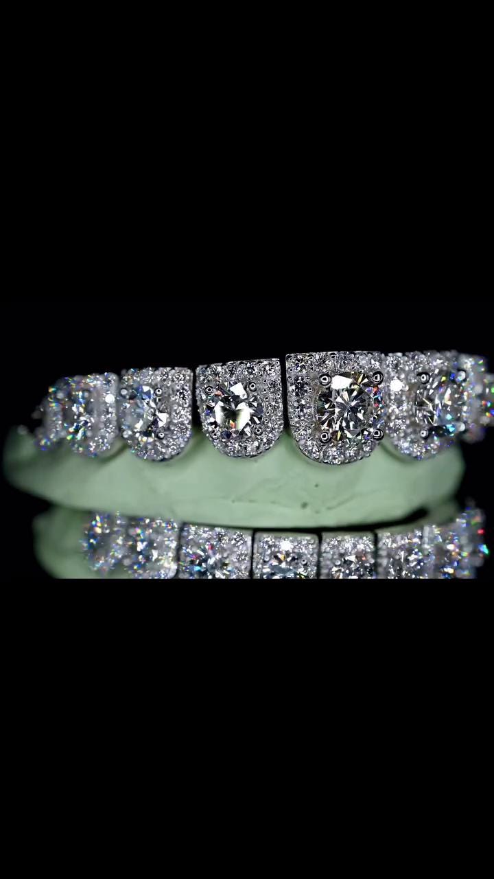Solitaire Halo set VVS Moissanite Perm Cut Grillz 925 Sterling Silver, Pass Diamond Test