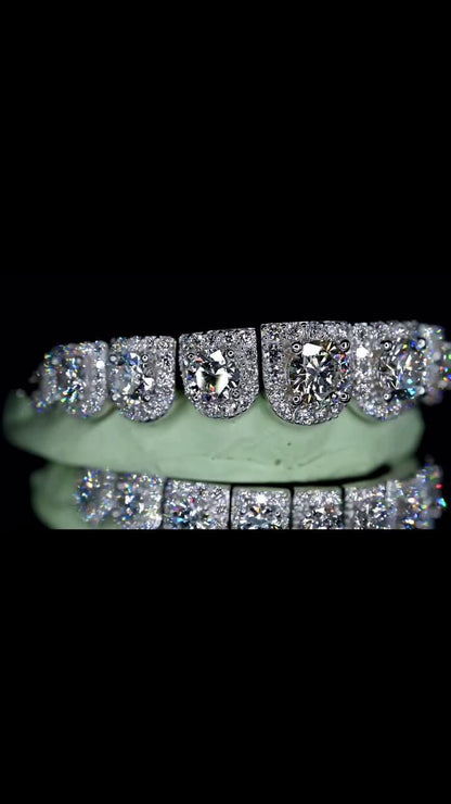 Solitaire Halo set VVS Moissanite Perm Cut Grillz 925 Sterling Silver, Pass Diamond Test