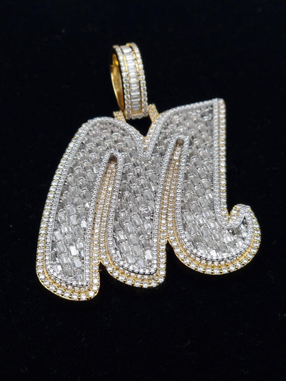 Emerald cut VVS1 Moissanite Layered Letter "M" Pendant, Iced out Chunky Pendant, Custom Letter, 925 Sterling Silver/10k, HipHop Pendant