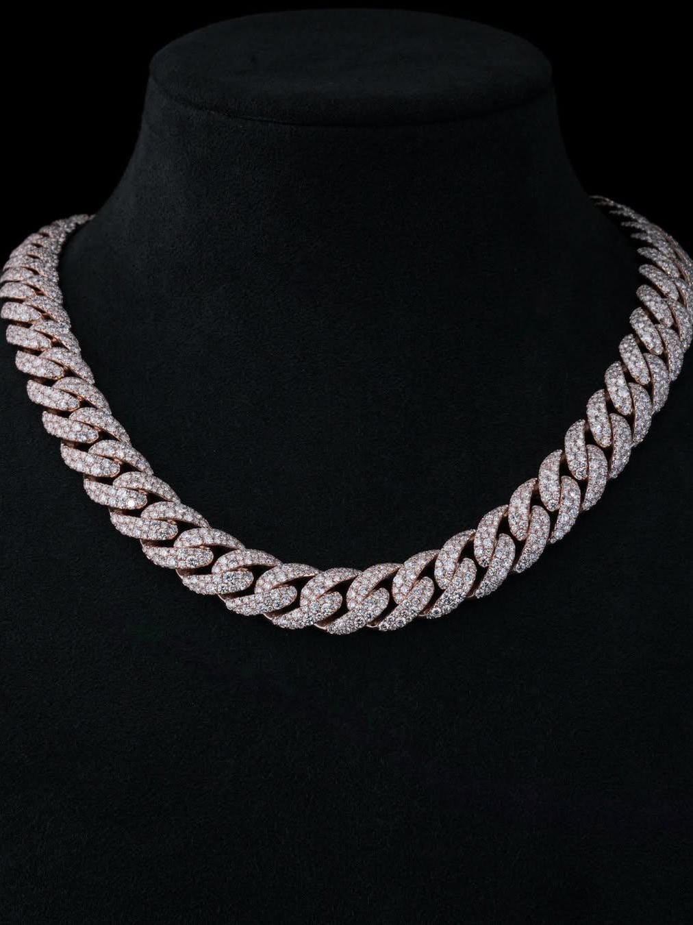 MOISSANITE CHAIN - 14mm Mosaic set Cuban Link Chain in 925 Sterling Silver, VVS Moissanite Stones, Pass Diamond Tester