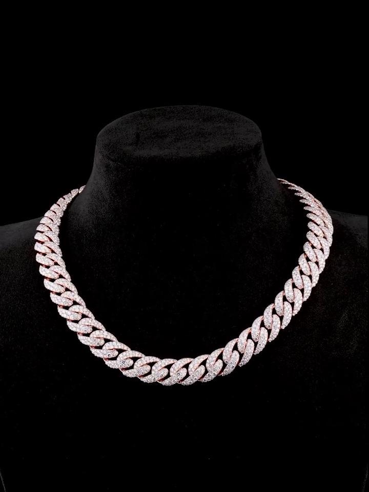 MOISSANITE CHAIN - 14mm Mosaic set Cuban Link Chain in 925 Sterling Silver, VVS Moissanite Stones, Pass Diamond Tester