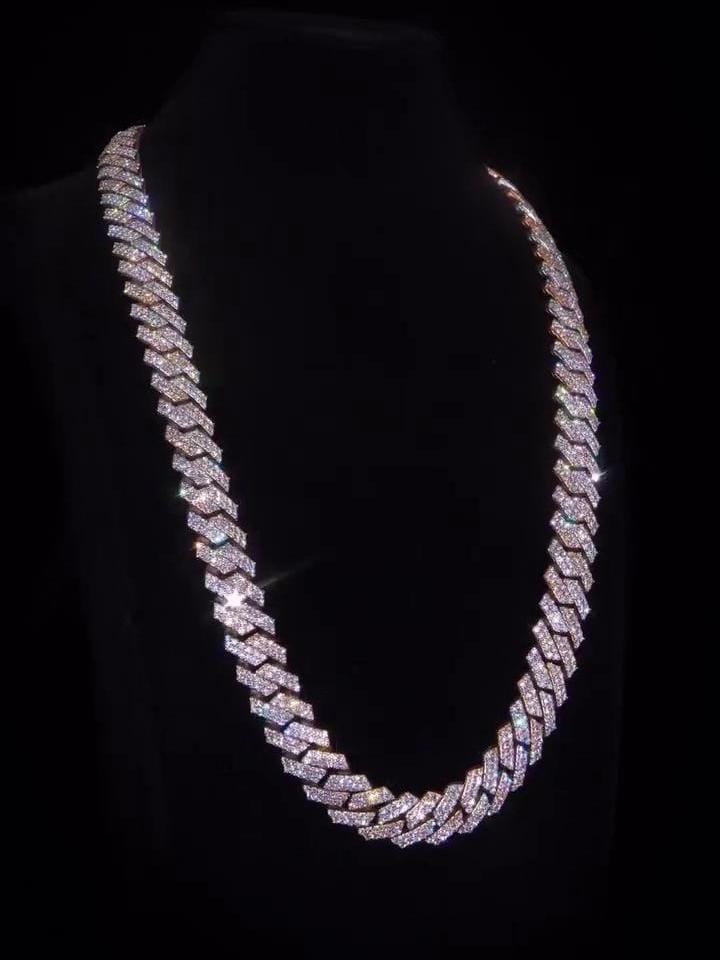 15mm Dual Tone Prong Cuban Link Chain, VVS Moissanite Stones, Pass Diamond Tester, Can be made in 925 Sterling Silver / Solid 10K Gold