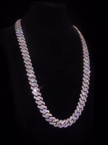 15mm Dual Tone Prong Cuban Link Chain, VVS Moissanite Stones, Pass Diamond Tester, Can be made in 925 Sterling Silver / Solid 10K Gold