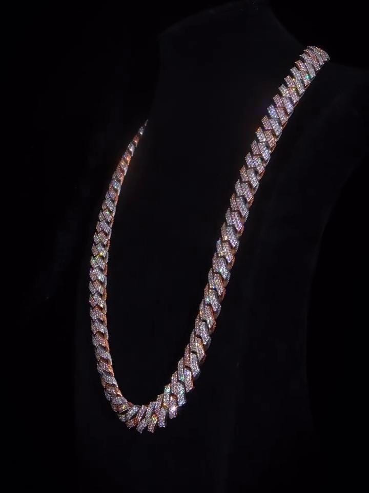 15mm Dual Tone Prong Cuban Link Chain, VVS Moissanite Stones, Pass Diamond Tester, Can be made in 925 Sterling Silver / Solid 10K Gold