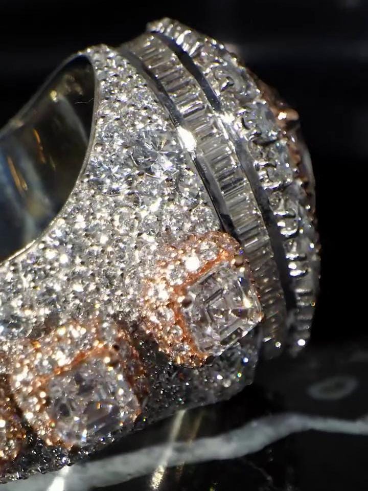 5ct Pear-Shaped Moissanite and Asscher Cut Accent Stones Iced-Out Ring - White & Rose Gold Finish, Luxury Hip-Hop Bling