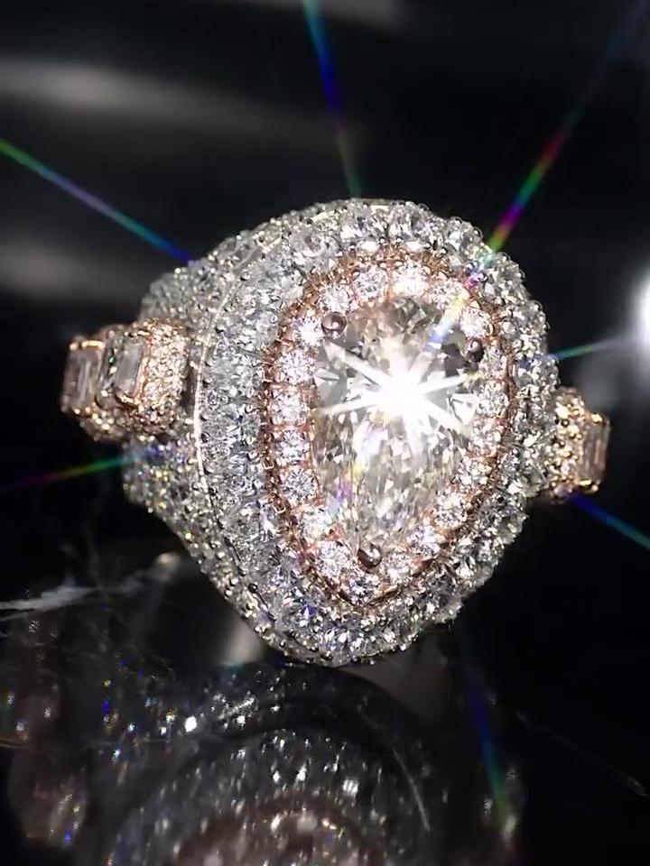 5ct Pear-Shaped Moissanite and Asscher Cut Accent Stones Iced-Out Ring - White & Rose Gold Finish, Luxury Hip-Hop Bling