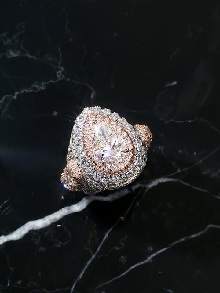 5ct Pear-Shaped Moissanite and Asscher Cut Accent Stones Iced-Out Ring - White & Rose Gold Finish, Luxury Hip-Hop Bling