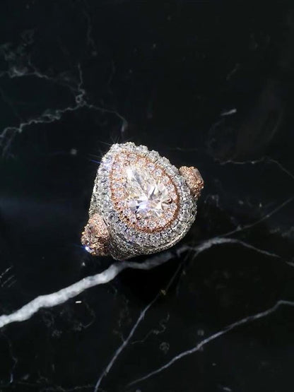 5ct Pear-Shaped Moissanite and Asscher Cut Accent Stones Iced-Out Ring - White & Rose Gold Finish, Luxury Hip-Hop Bling