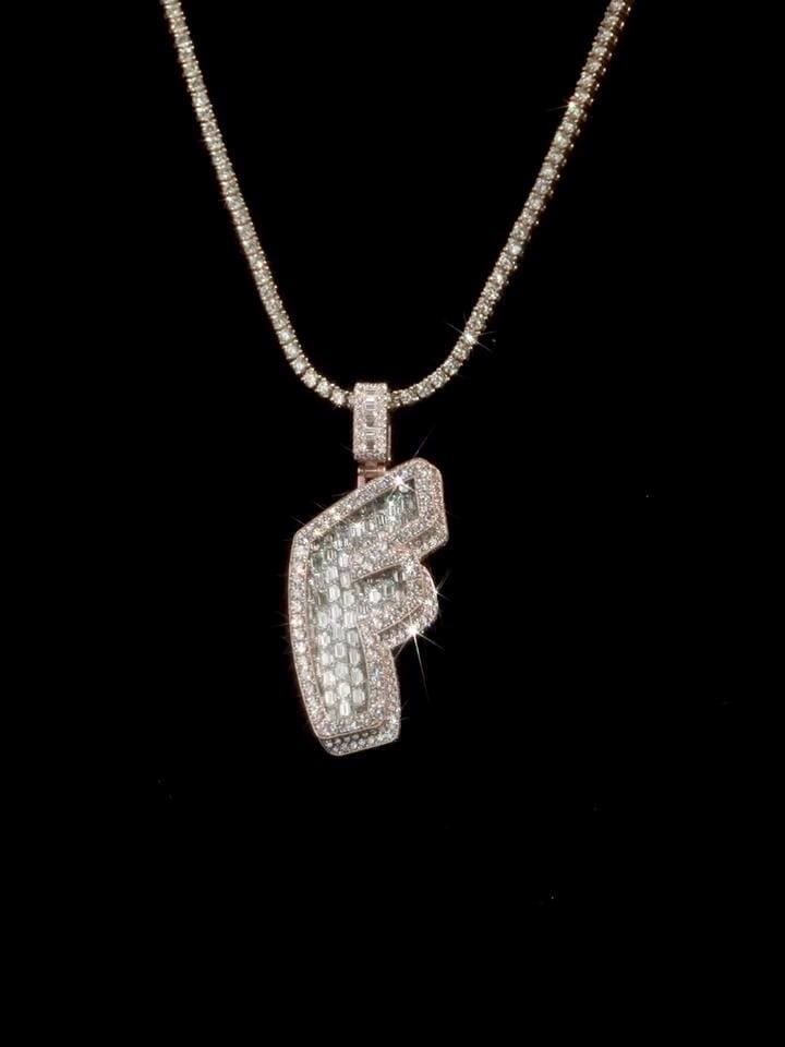 Emerald cut VVS1 Moissanite Layered Letter "F" Pendant, Iced out Chunky Pendant, Custom Letter, 925 Sterling Silver/10k, HipHop Pendant