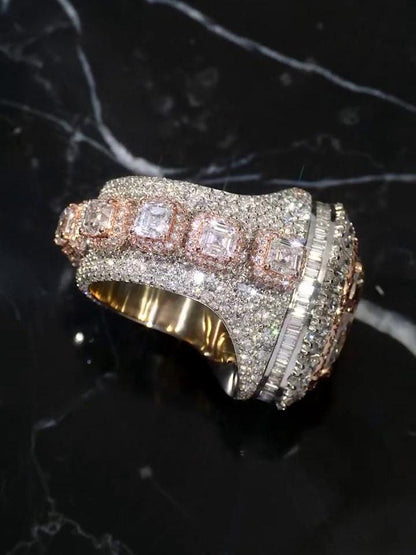 5ct Pear-Shaped Moissanite and Asscher Cut Accent Stones Iced-Out Ring - White & Rose Gold Finish, Luxury Hip-Hop Bling