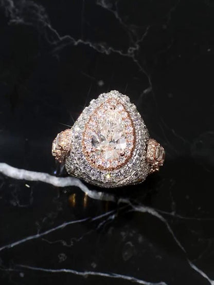 5ct Pear-Shaped Moissanite and Asscher Cut Accent Stones Iced-Out Ring - White & Rose Gold Finish, Luxury Hip-Hop Bling