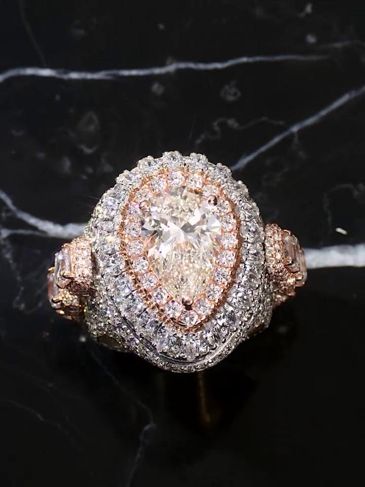 5ct Pear-Shaped Moissanite and Asscher Cut Accent Stones Iced-Out Ring - White & Rose Gold Finish, Luxury Hip-Hop Bling