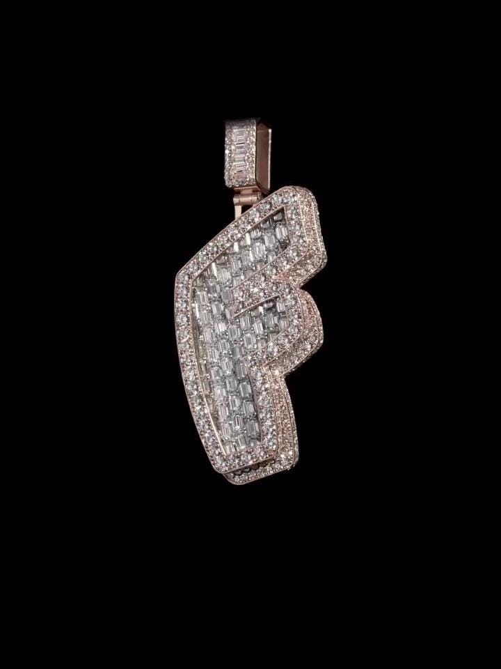 Emerald cut VVS1 Moissanite Layered Letter "F" Pendant, Iced out Chunky Pendant, Custom Letter, 925 Sterling Silver/10k, HipHop Pendant